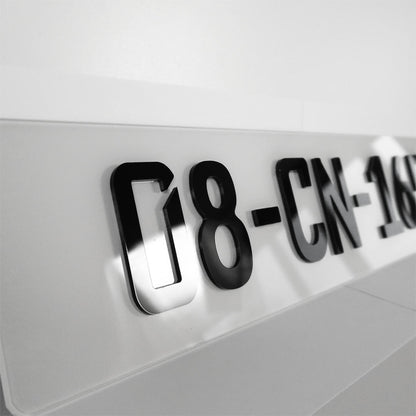 3D/4D Plain white Irish number plate, German Font - close 2